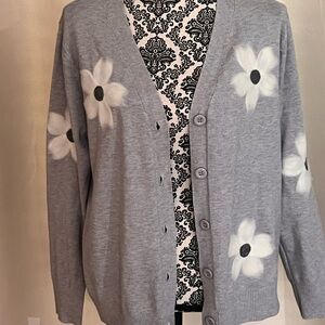 Aaeda sweater cardigan gray with charcoal flowers.